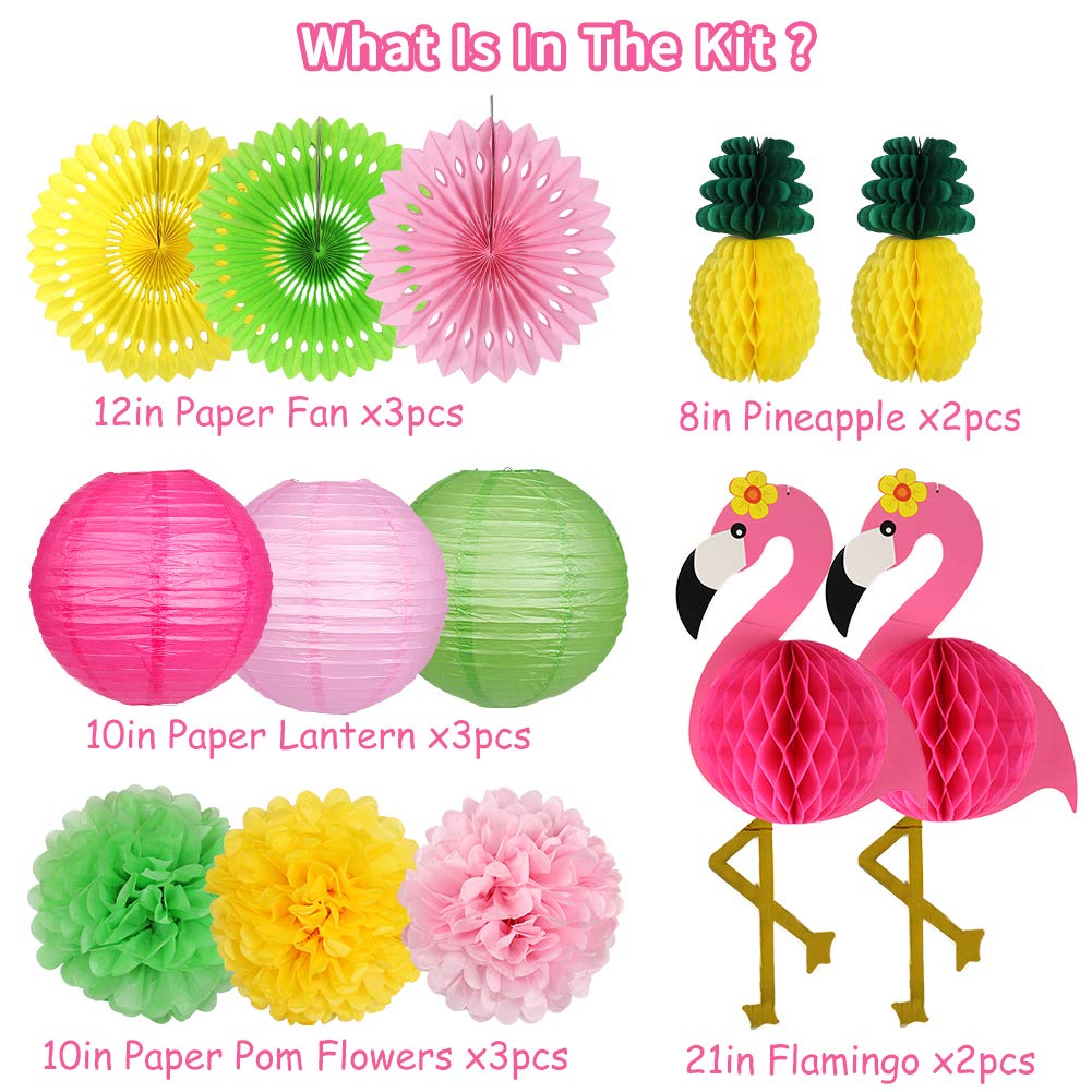 Yunxuan Flamingo Party Supplies, Hawaiian Party Decorations Flamingo And Pineapple Honeycomb Ball Paper Lanterns Paper Fans Pom